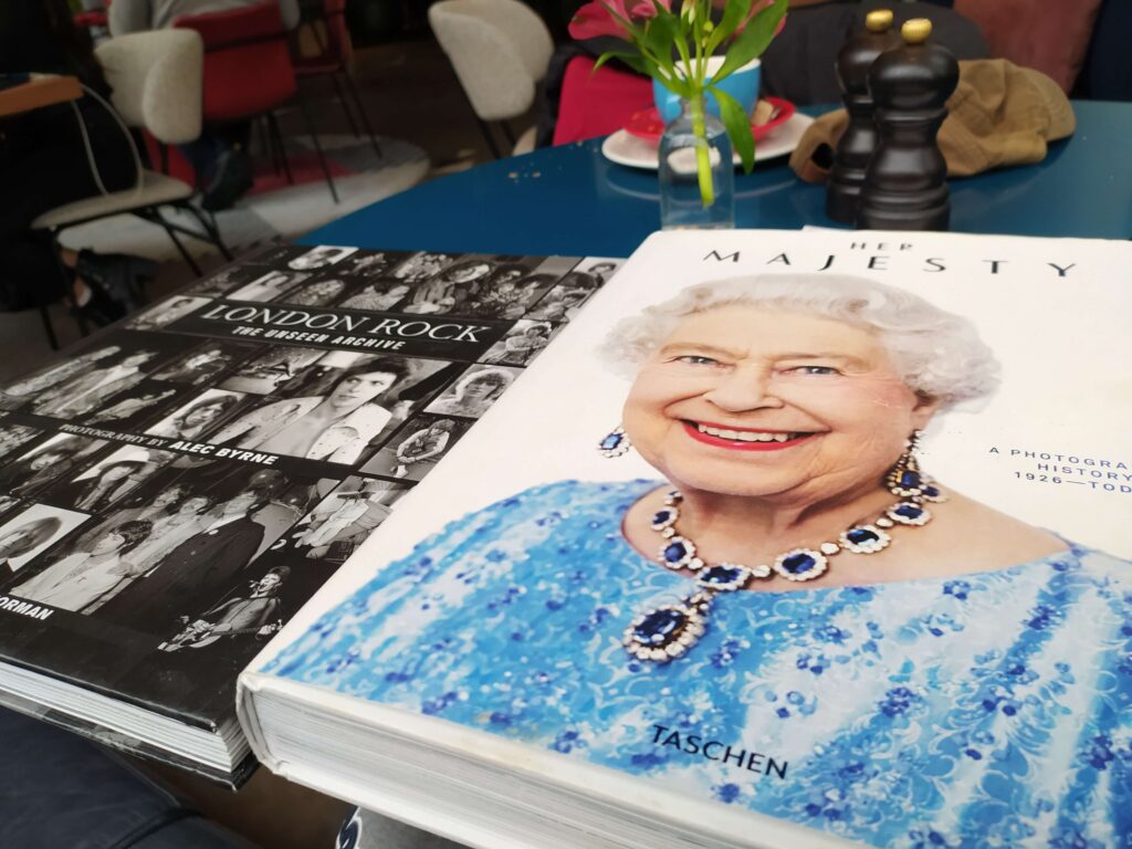 'Book photo: Covers of coffee table books - London Rock, The Unseen Archive' by Alec Byrne and 'Her Majesty A Photographic History 1926 - Today' by Taschen